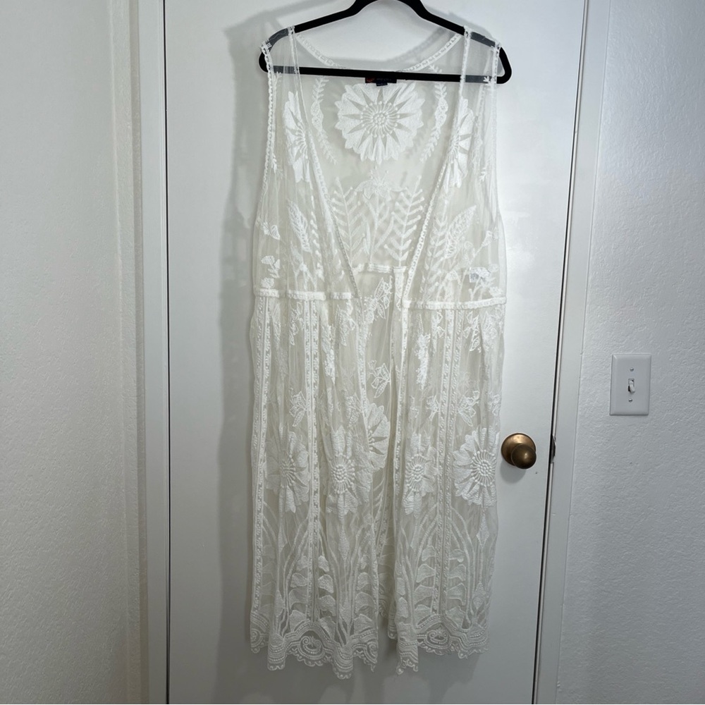 Indigo Poppy Womens White Embroidered Lace Cardigan Duster Cover-up Sz Lrg Sheer